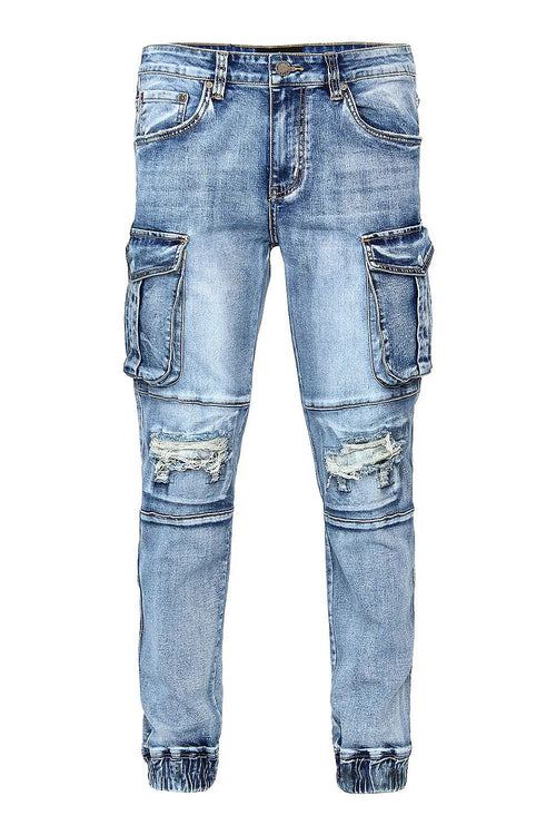 Distressed Washed Cargo Denim Joggers