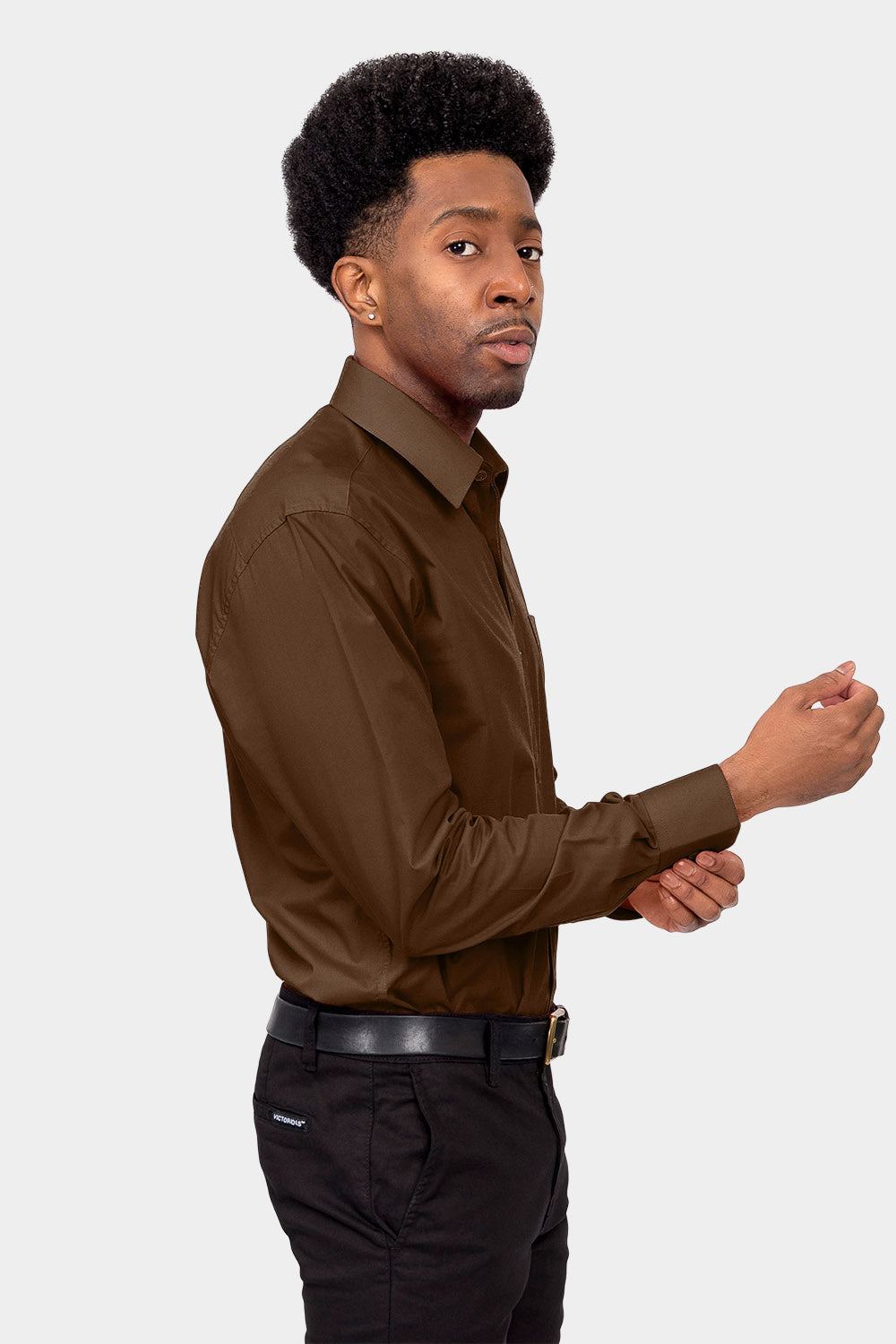 Men's Basic Solid Color Button Up Dress Shirt (Brown)