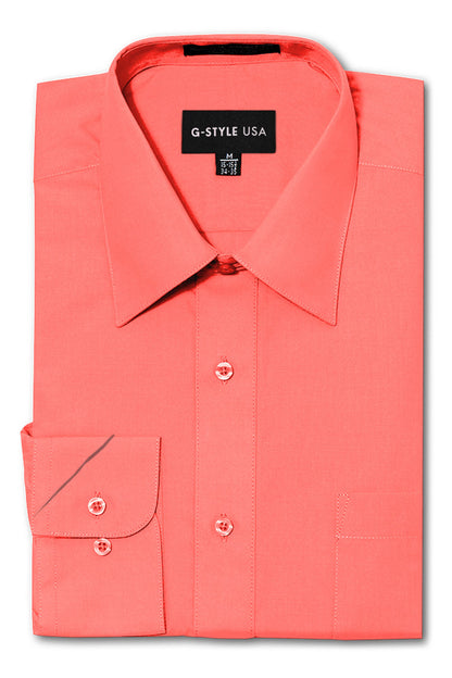 Men's Basic Solid Color Button Up Dress Shirt (Coral)