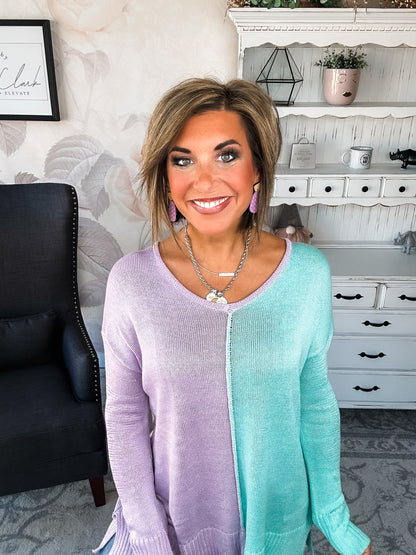 Don't Hide Now Colorblock Sweater - Lavender/Mint