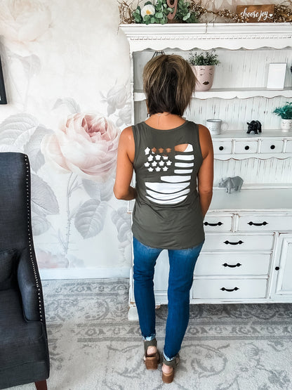 American Flag Laser Cut Tank - Olive
