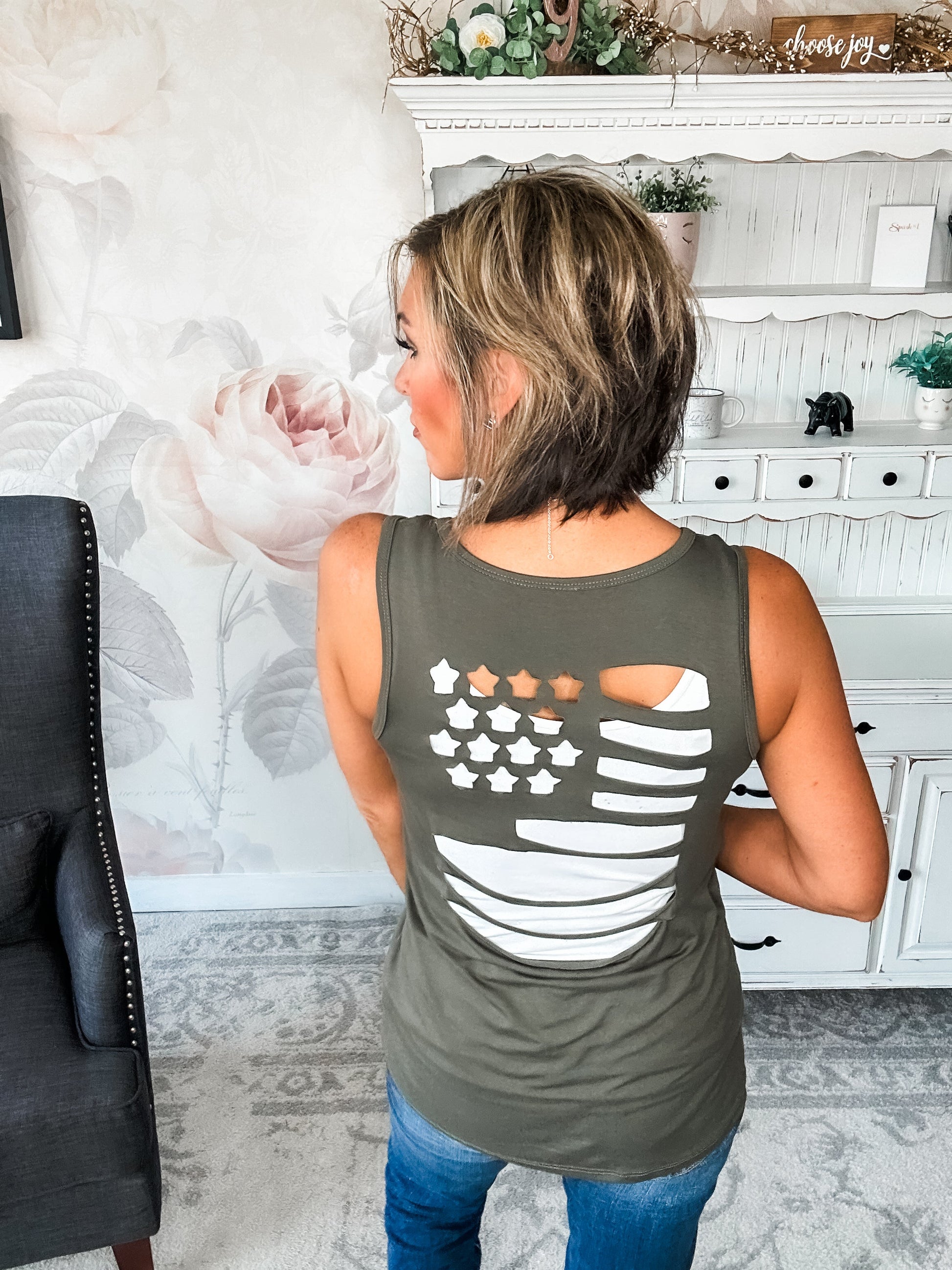 American Flag Laser Cut Tank - Olive