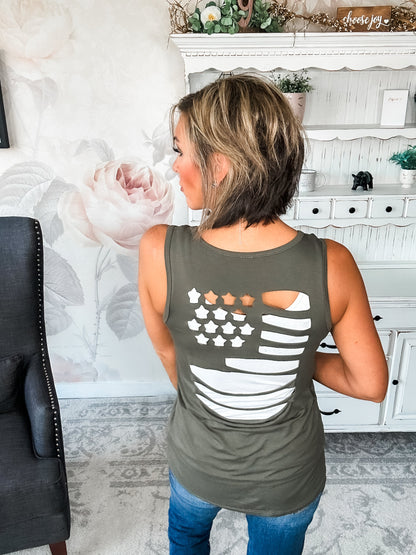 American Flag Laser Cut Tank - Olive