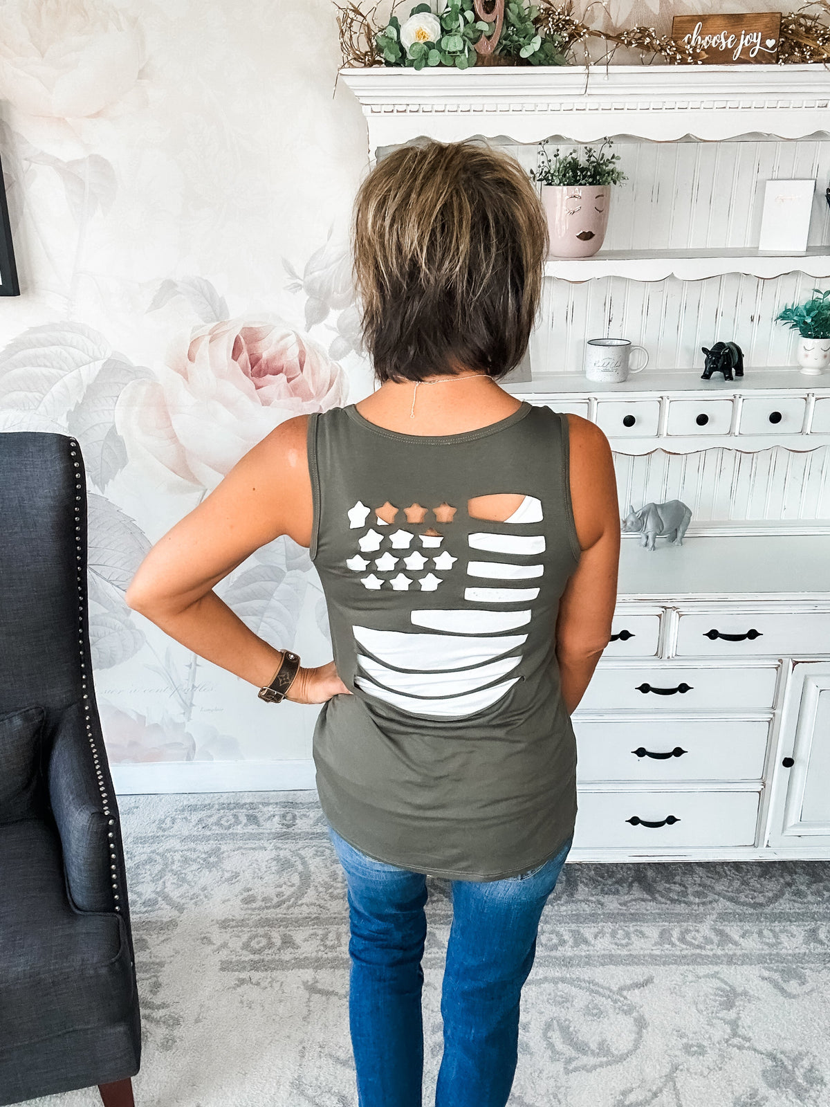 American Flag Laser Cut Tank - Olive