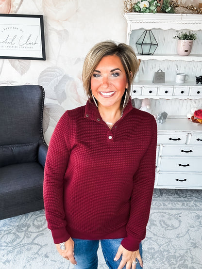 Forever In My Mind Quilted Pullover - Burgundy