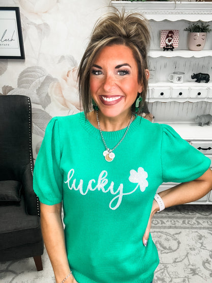 Lucky Shamrock Puff Sleeve Sweater