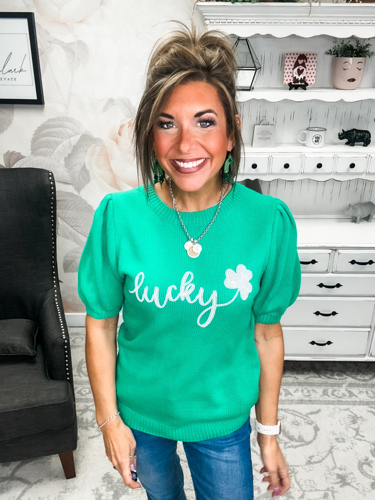 Lucky Shamrock Puff Sleeve Sweater