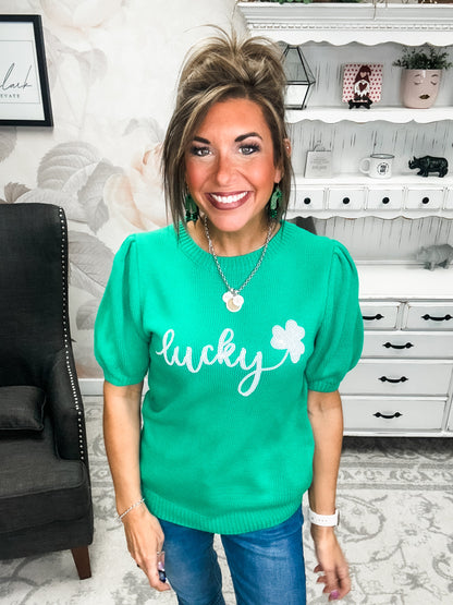 Lucky Shamrock Puff Sleeve Sweater
