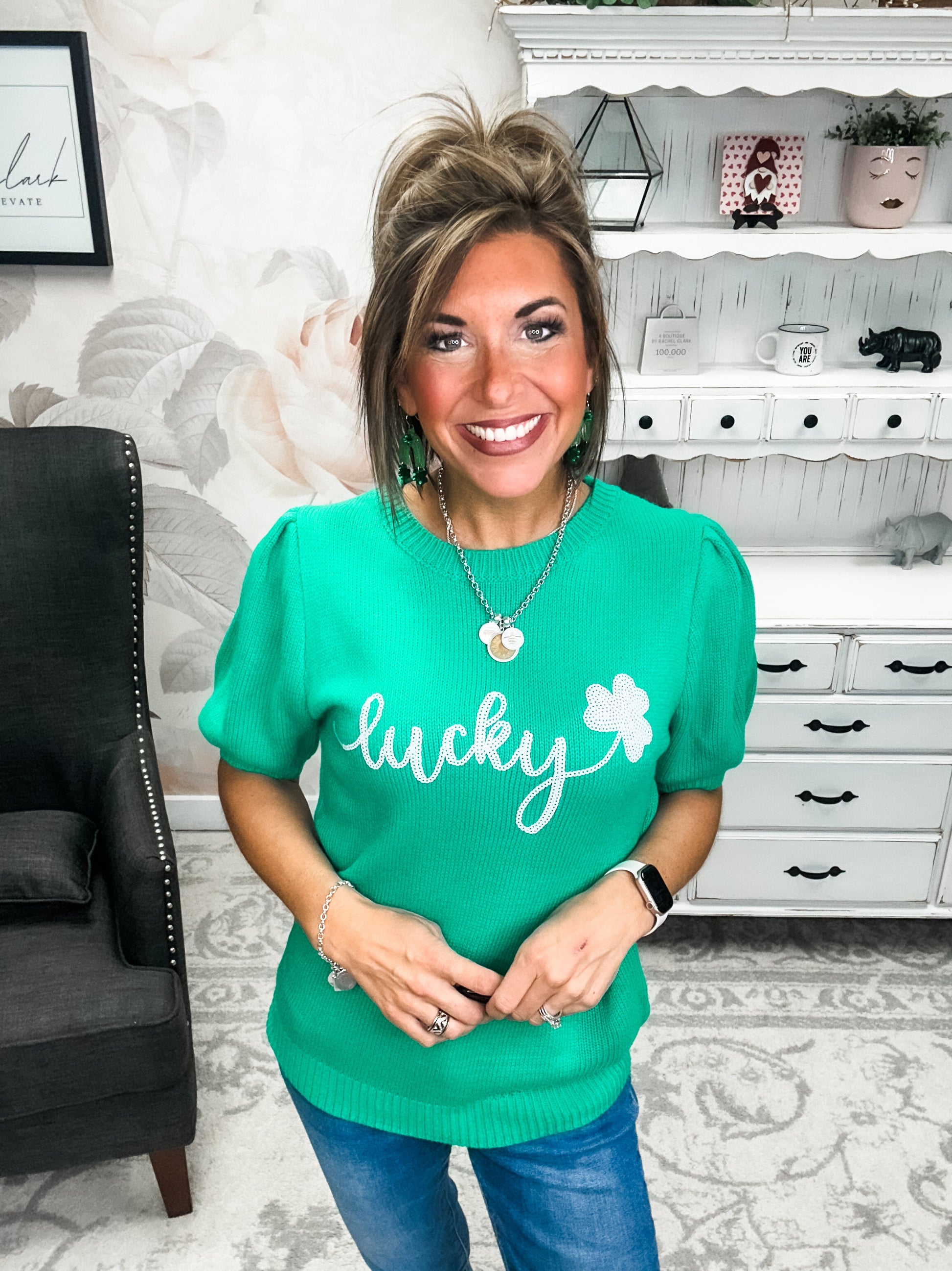Lucky Shamrock Puff Sleeve Sweater