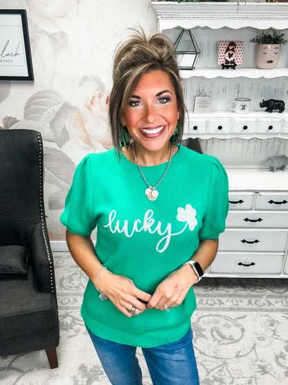 Lucky Shamrock Puff Sleeve Sweater