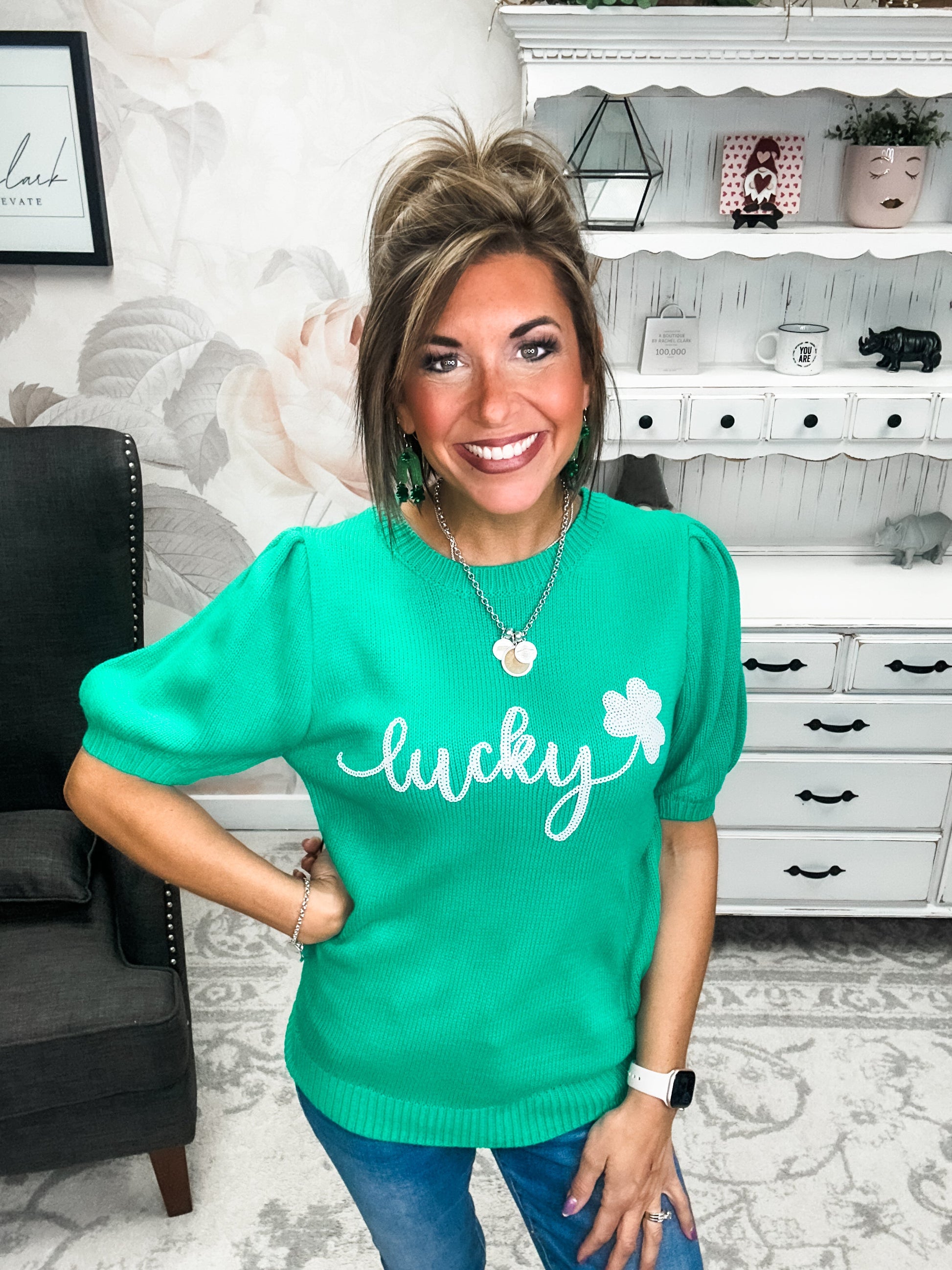 Lucky Shamrock Puff Sleeve Sweater