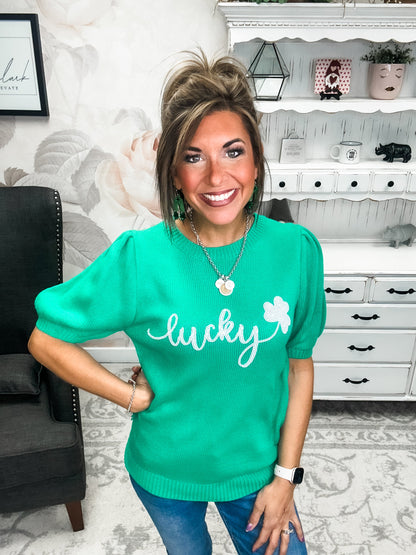 Lucky Shamrock Puff Sleeve Sweater