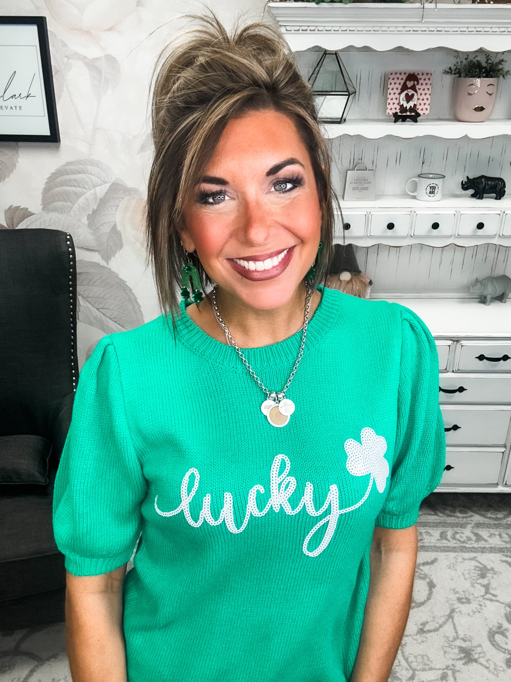 Lucky Shamrock Puff Sleeve Sweater