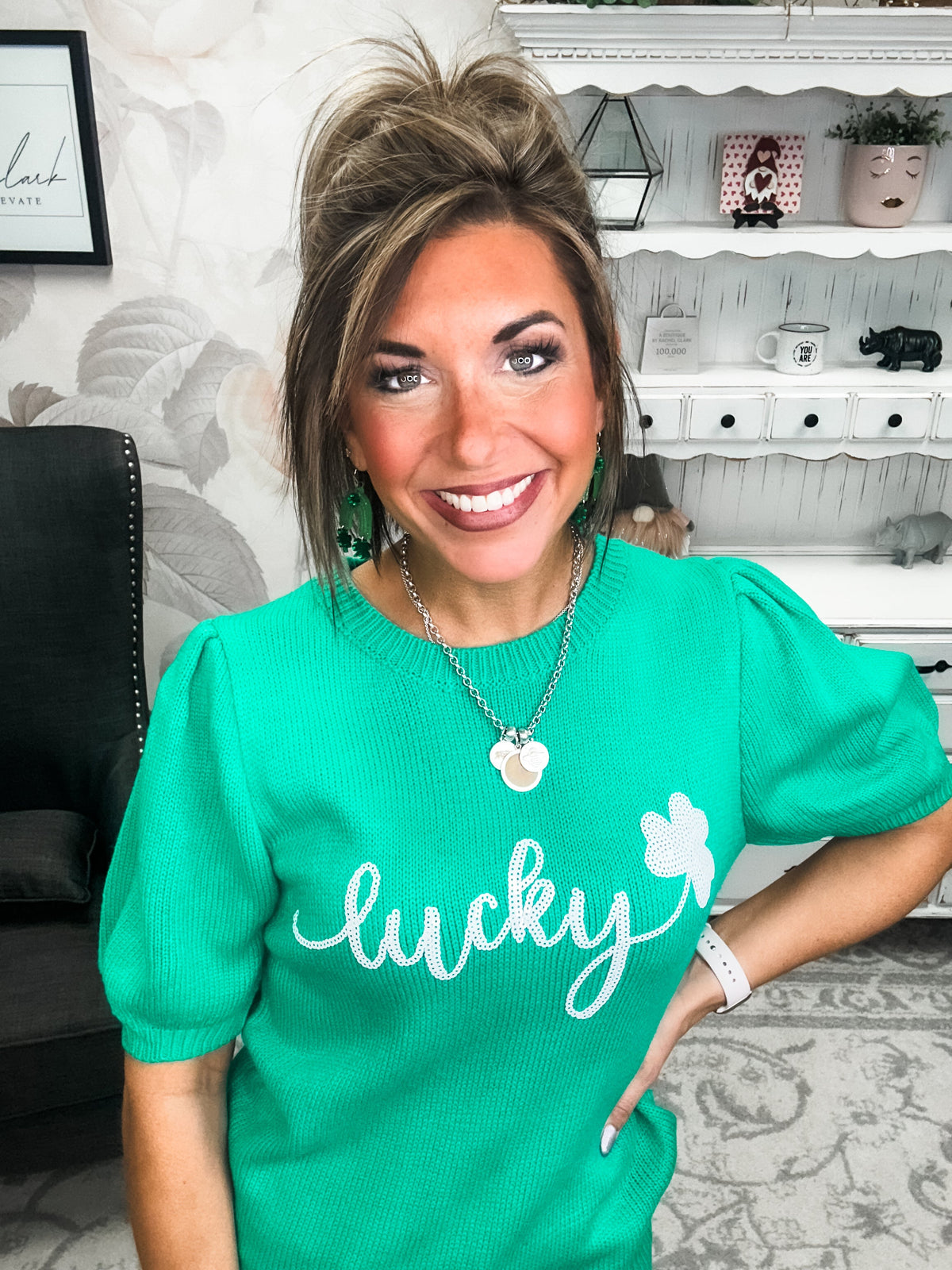 Lucky Shamrock Puff Sleeve Sweater