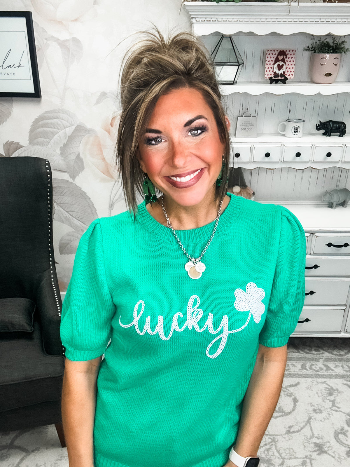 Lucky Shamrock Puff Sleeve Sweater