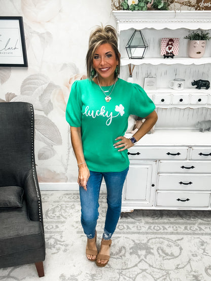 Lucky Shamrock Puff Sleeve Sweater