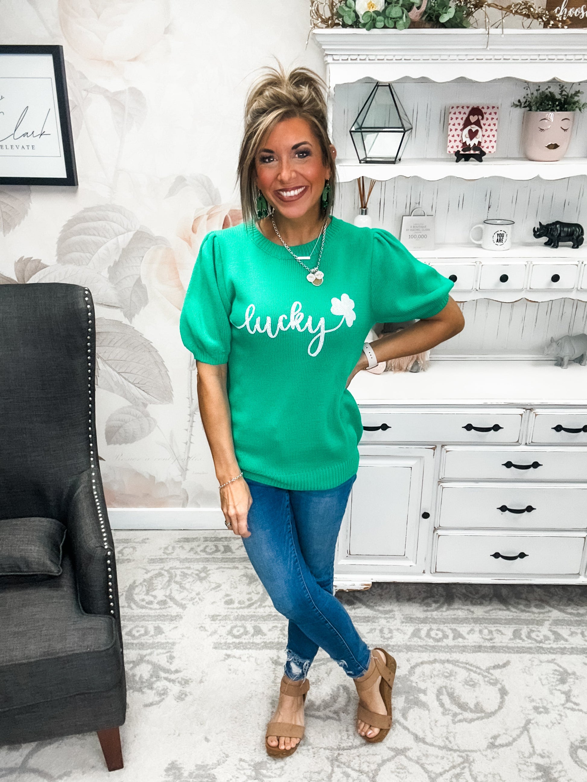 Lucky Shamrock Puff Sleeve Sweater