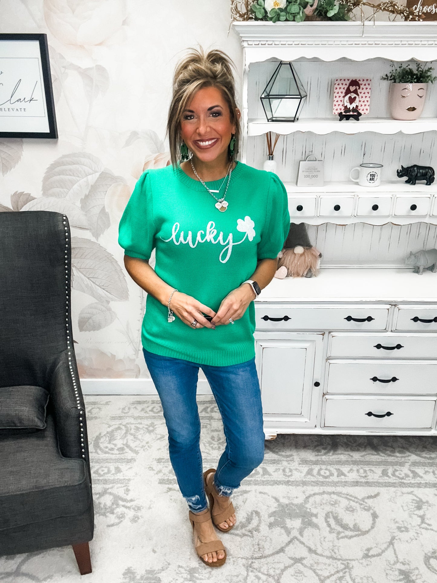 Lucky Shamrock Puff Sleeve Sweater