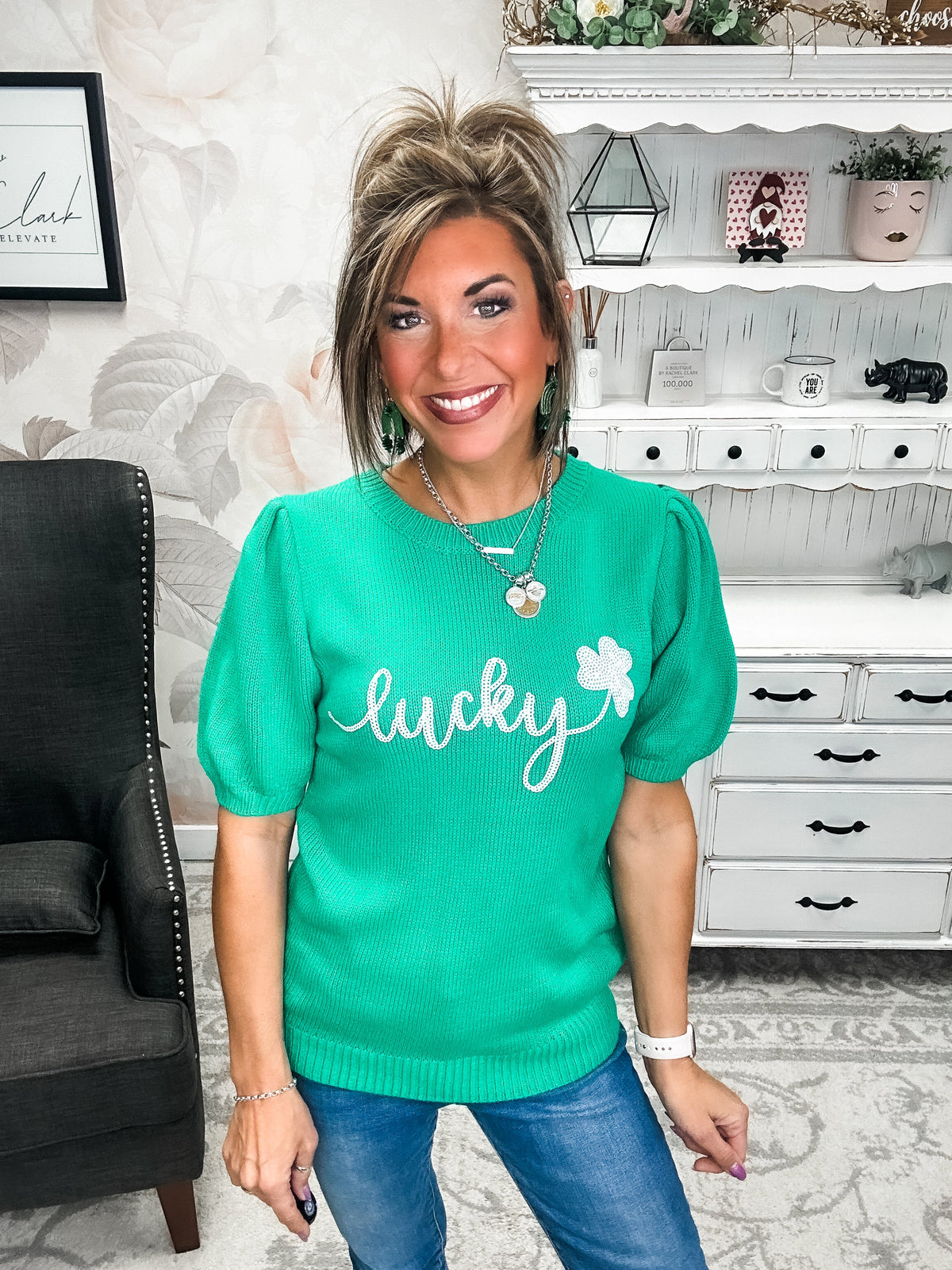 Lucky Shamrock Puff Sleeve Sweater