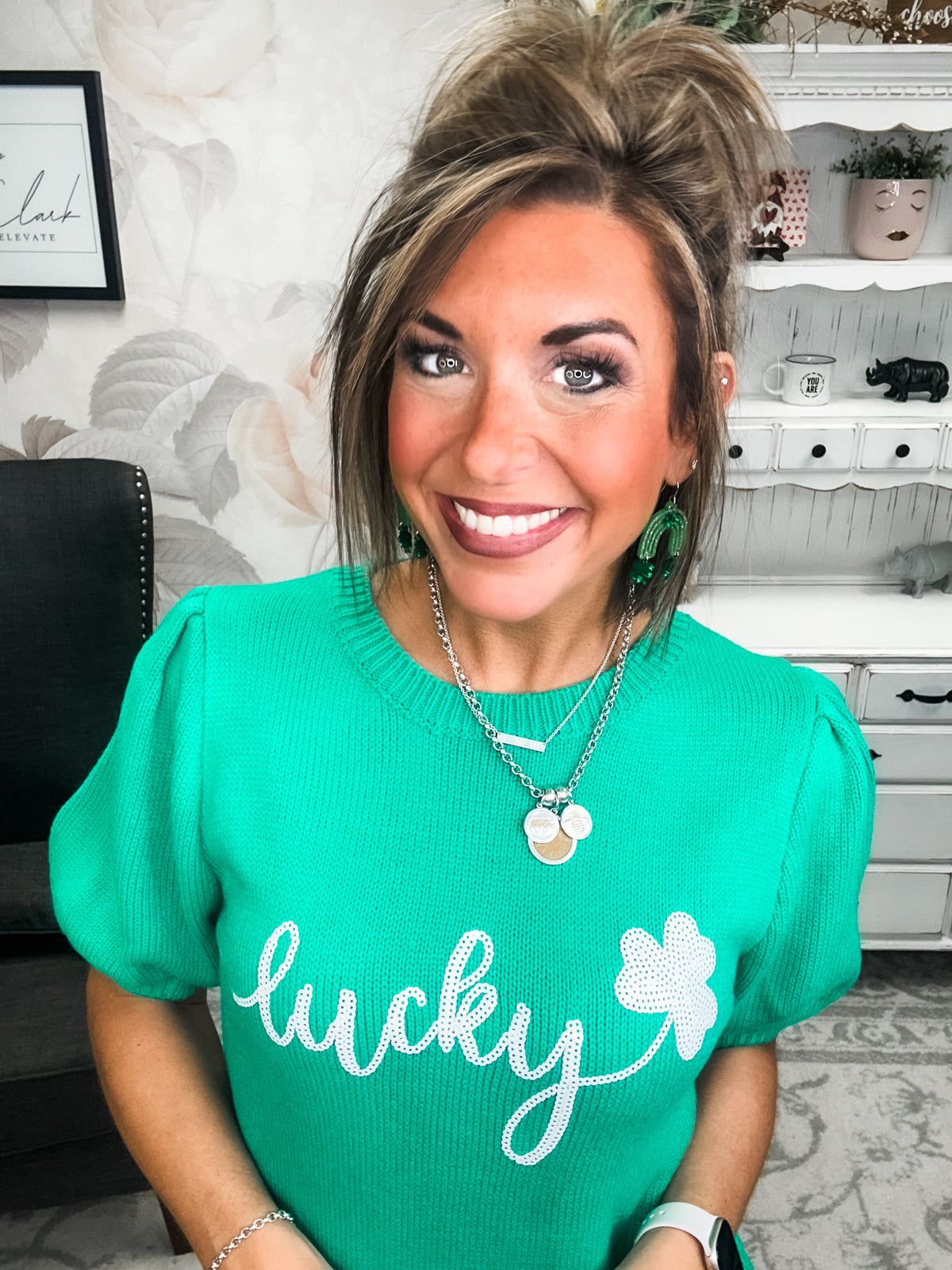 Lucky Shamrock Puff Sleeve Sweater