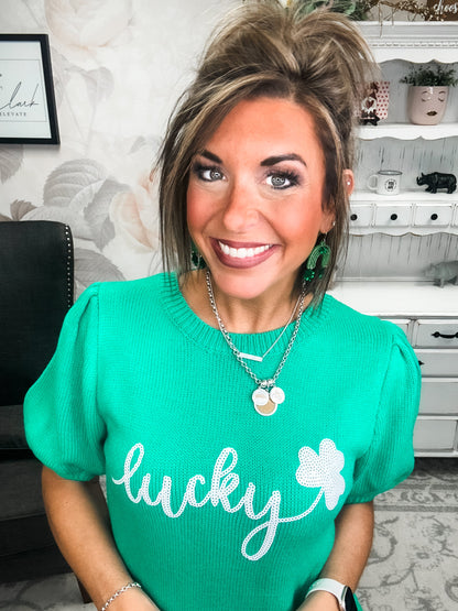 Lucky Shamrock Puff Sleeve Sweater