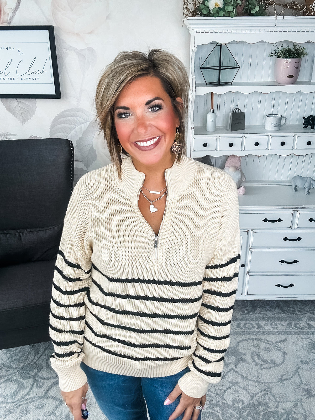 Ampersand Avenue - HalfZip Sweater Cream & Black Stripe