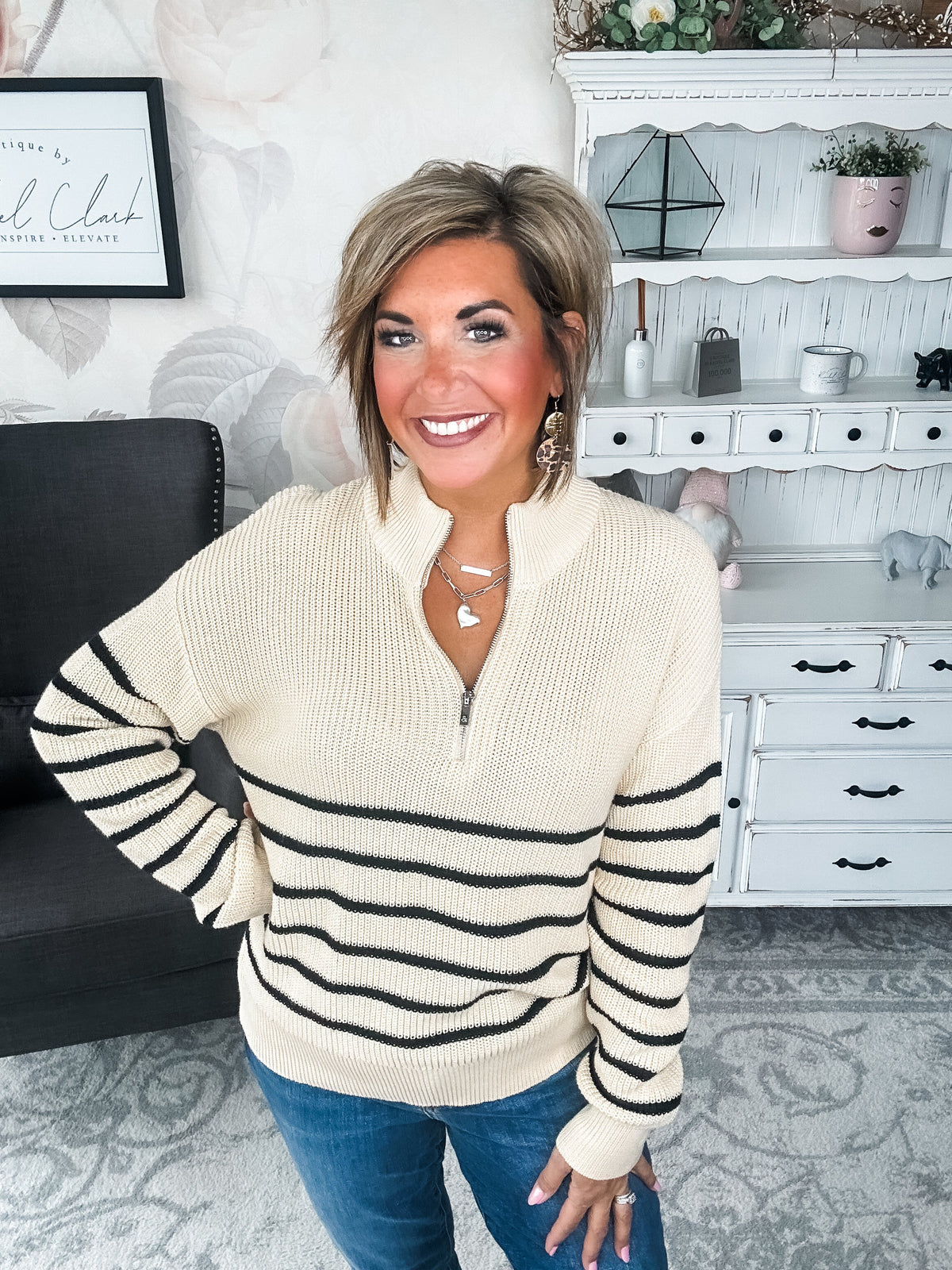 Ampersand Avenue - HalfZip Sweater Cream & Black Stripe