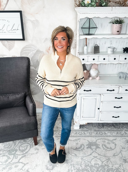 Ampersand Avenue - HalfZip Sweater Cream & Black Stripe