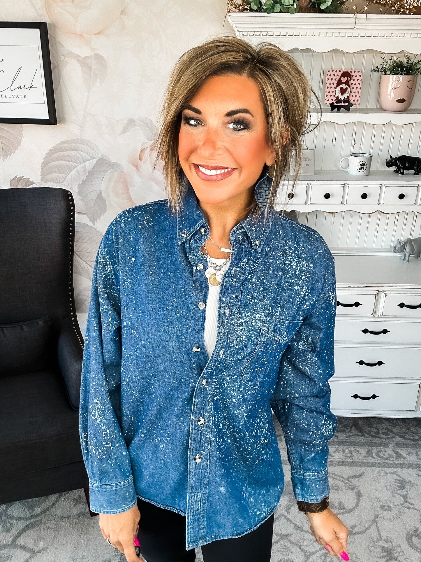 Distressed Denim Bleached Button Down - Dark Blue