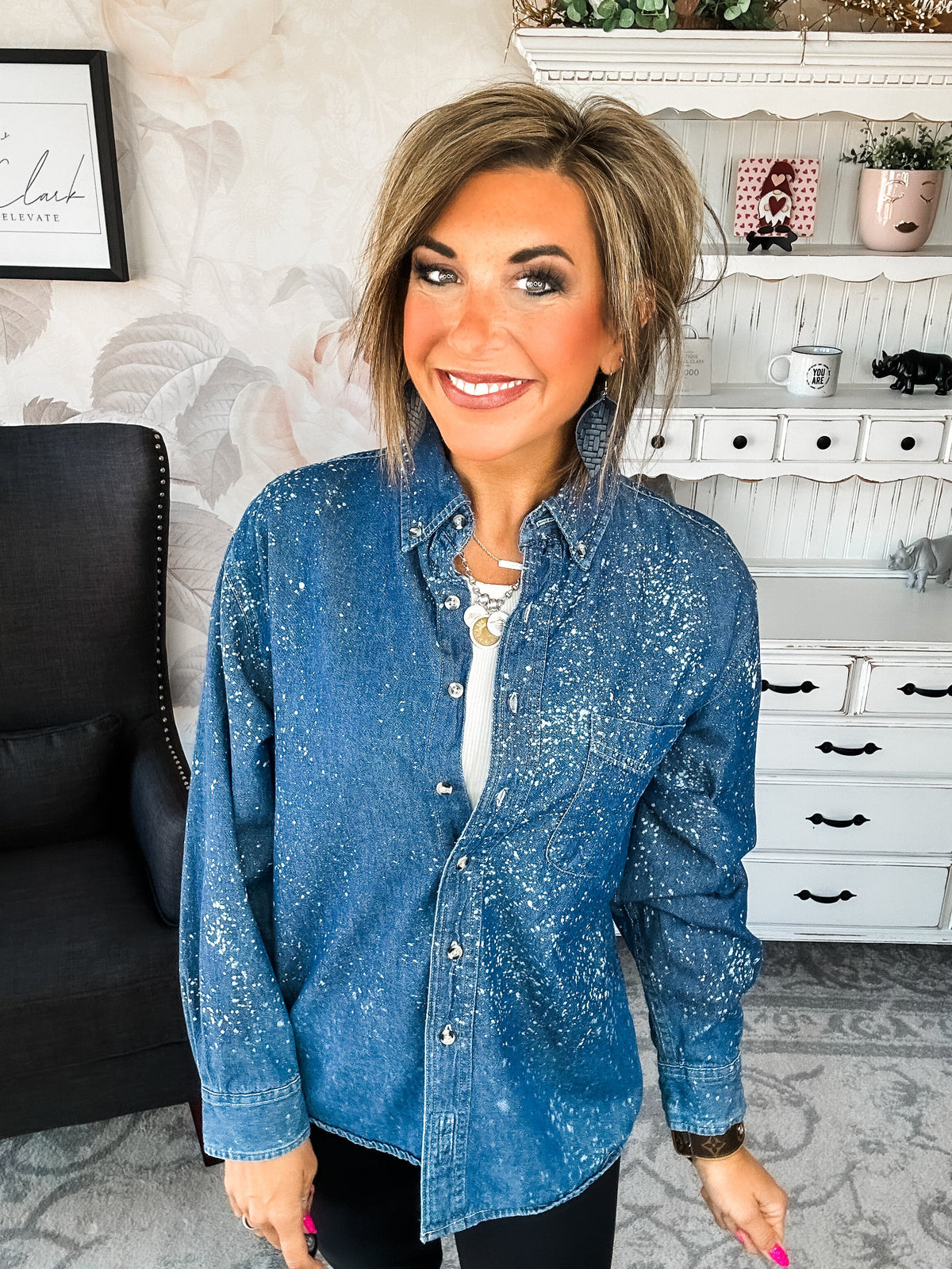 Distressed Denim Bleached Button Down - Dark Blue