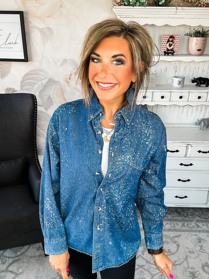 Distressed Denim Bleached Button Down - Dark Blue