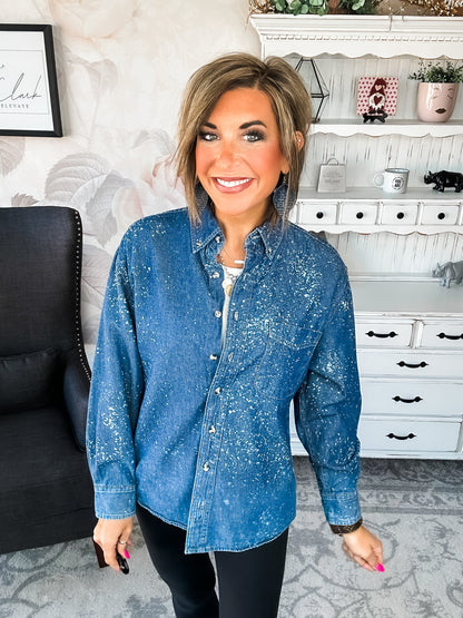Distressed Denim Bleached Button Down - Dark Blue
