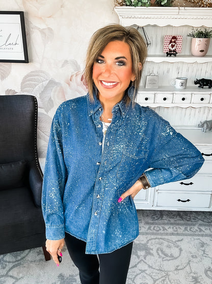 Distressed Denim Bleached Button Down - Dark Blue