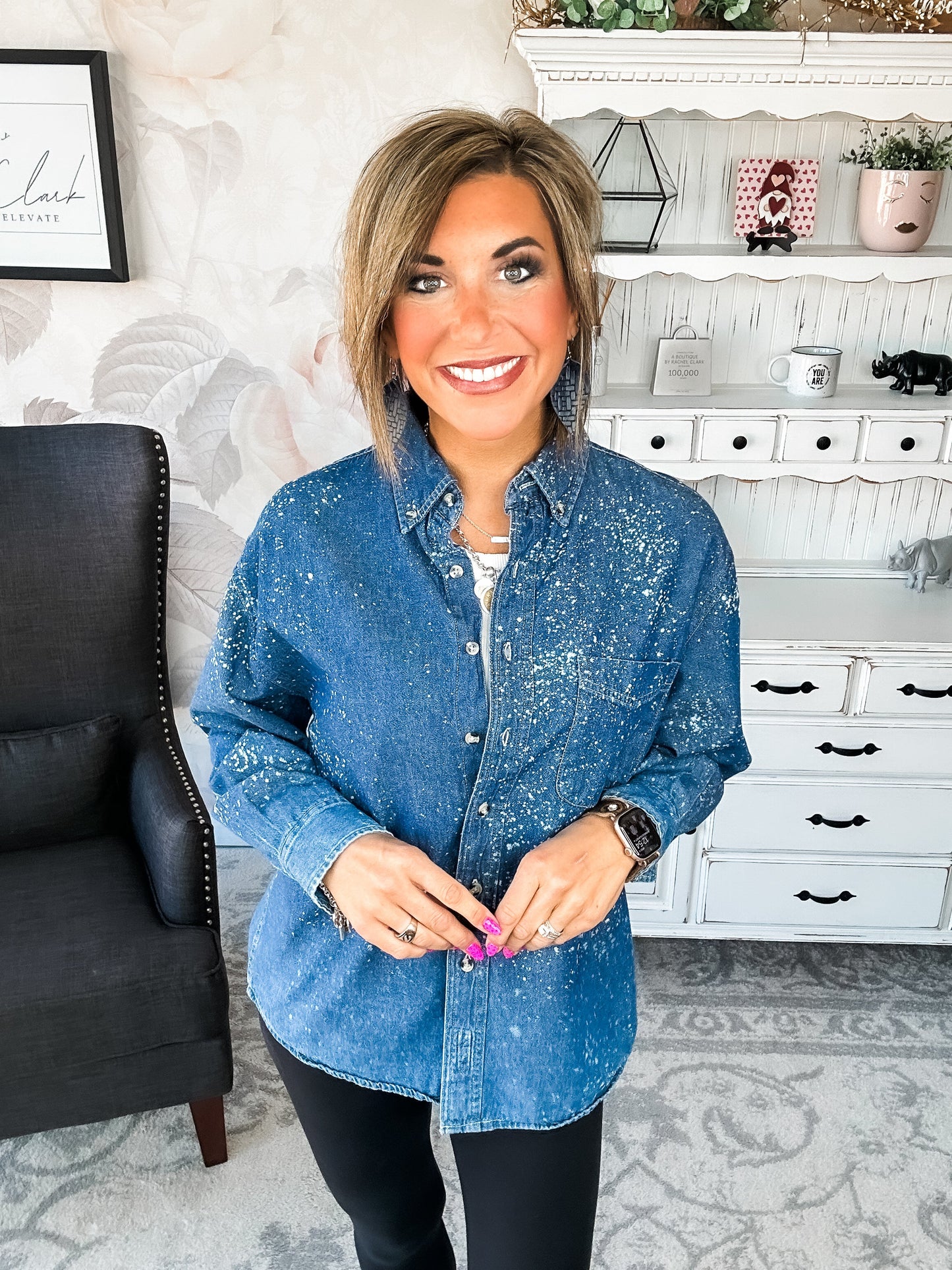 Distressed Denim Bleached Button Down - Dark Blue
