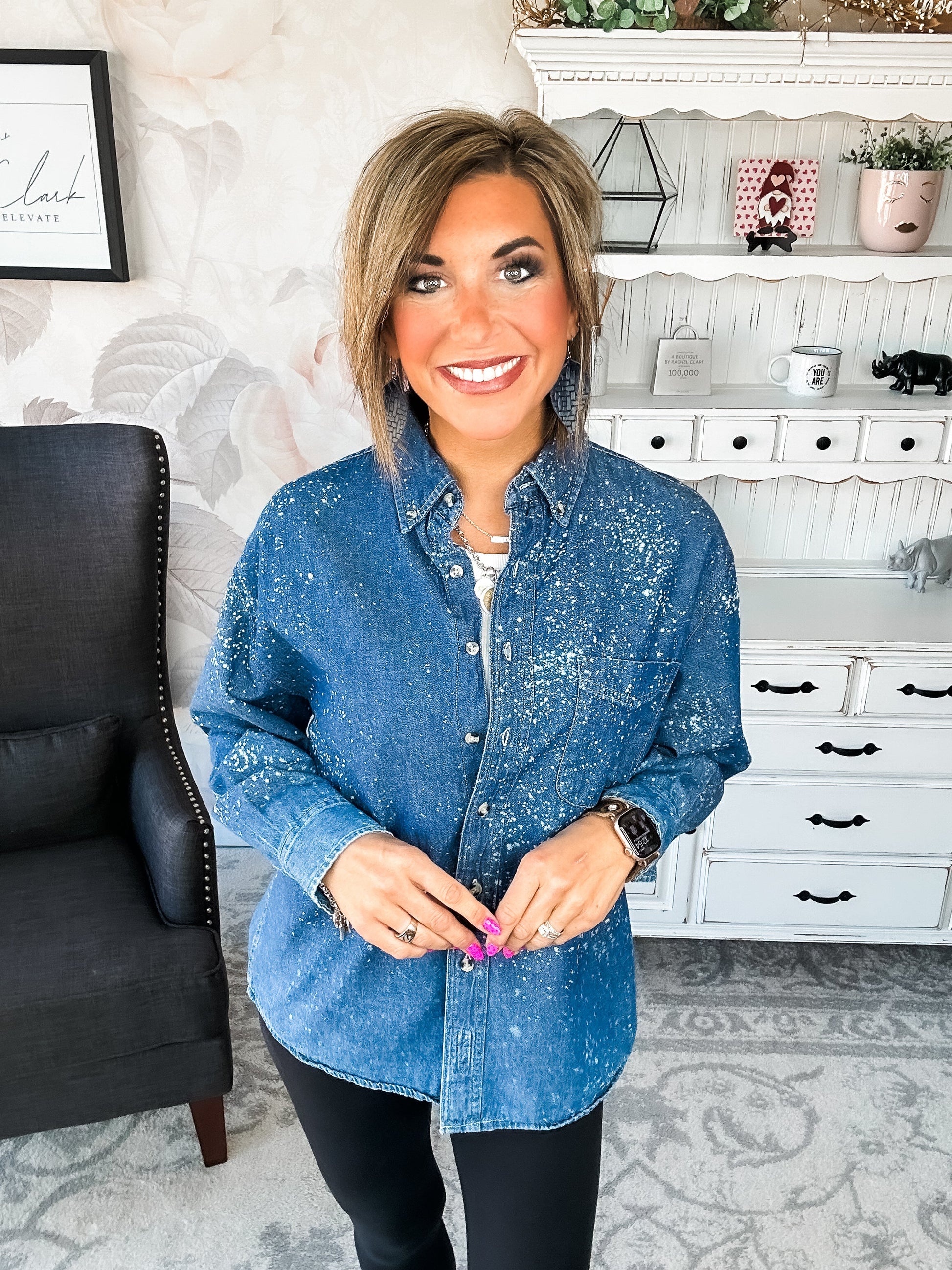 Distressed Denim Bleached Button Down - Dark Blue