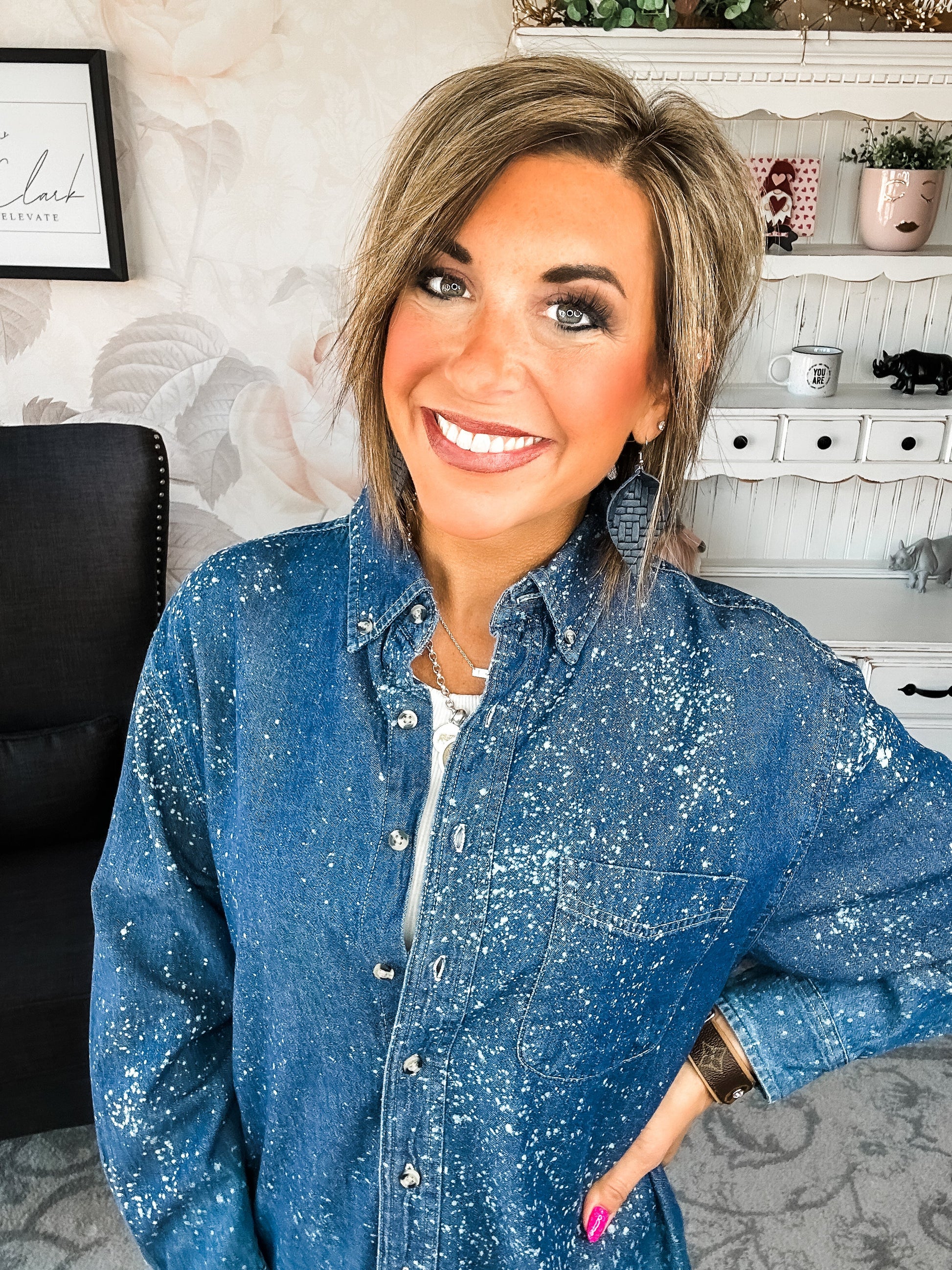 Distressed Denim Bleached Button Down - Dark Blue