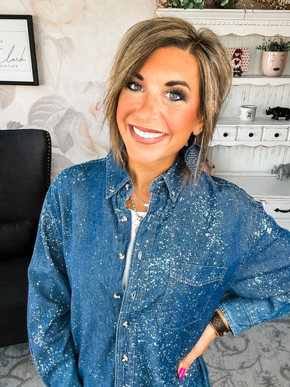 Distressed Denim Bleached Button Down - Dark Blue
