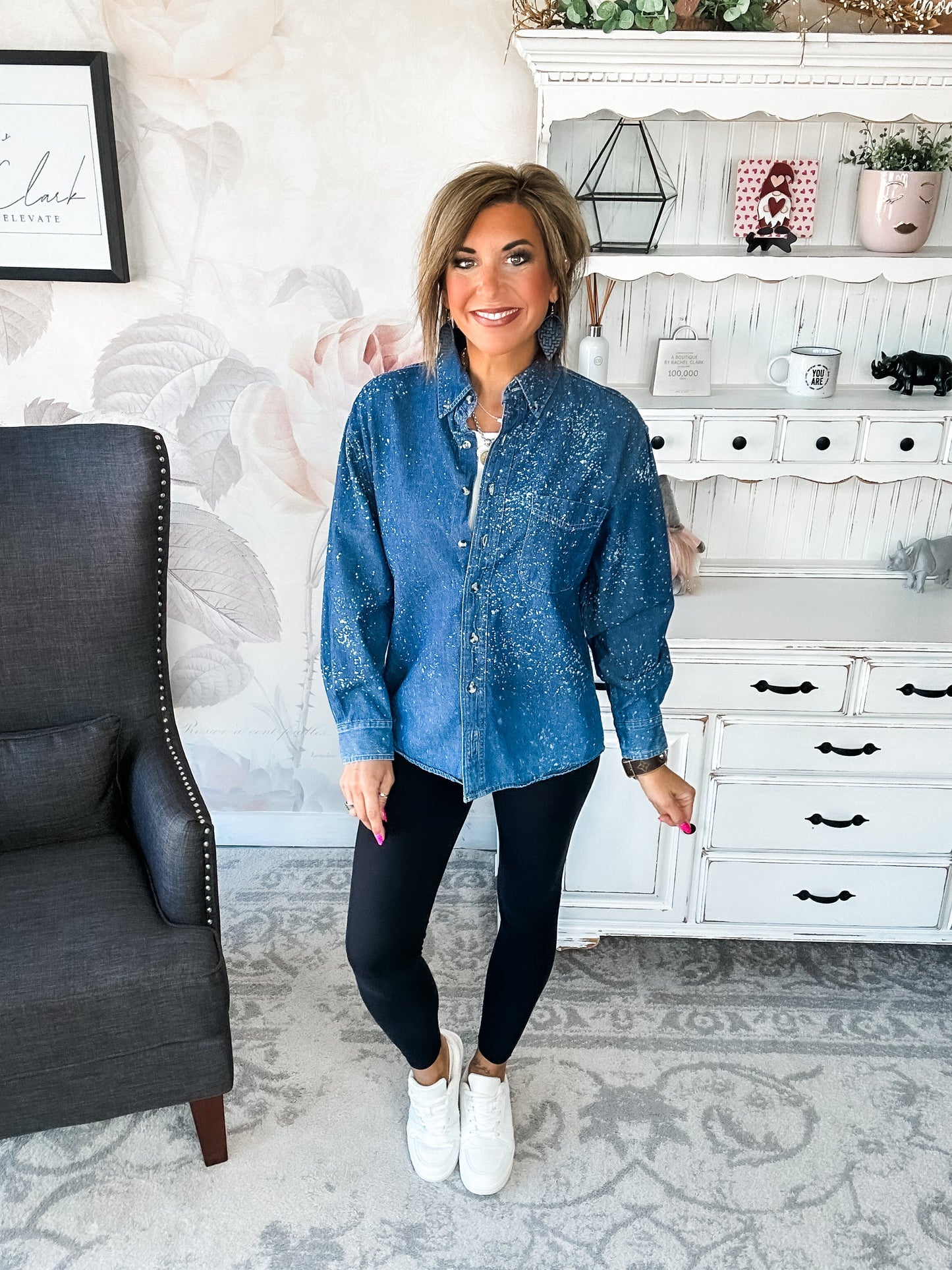 Distressed Denim Bleached Button Down - Dark Blue