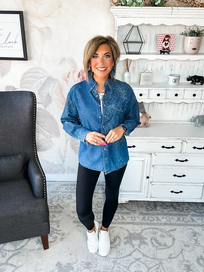 Distressed Denim Bleached Button Down - Dark Blue