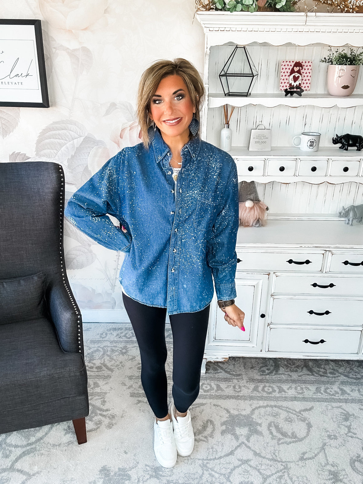 Distressed Denim Bleached Button Down - Dark Blue