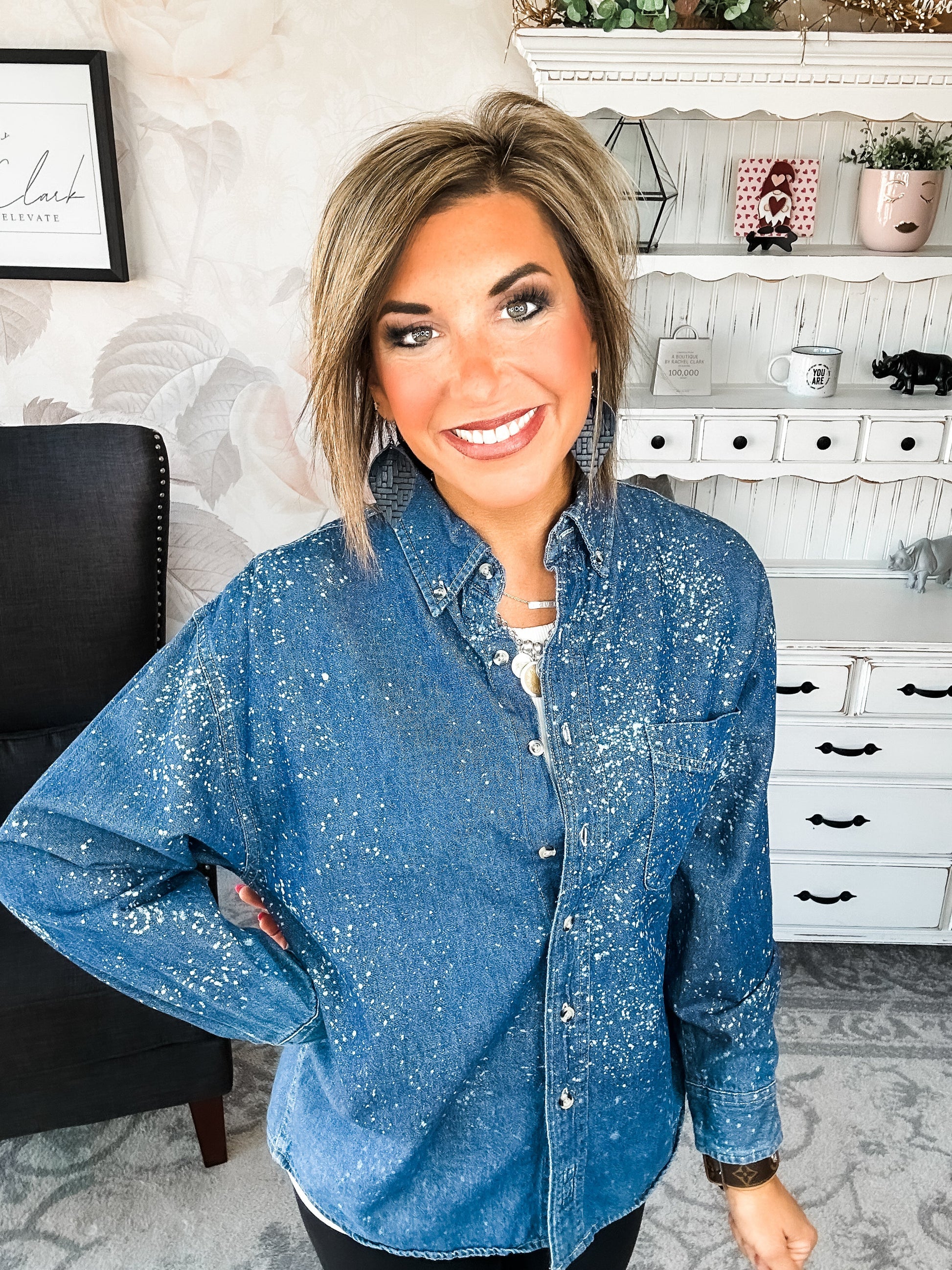 Distressed Denim Bleached Button Down - Dark Blue