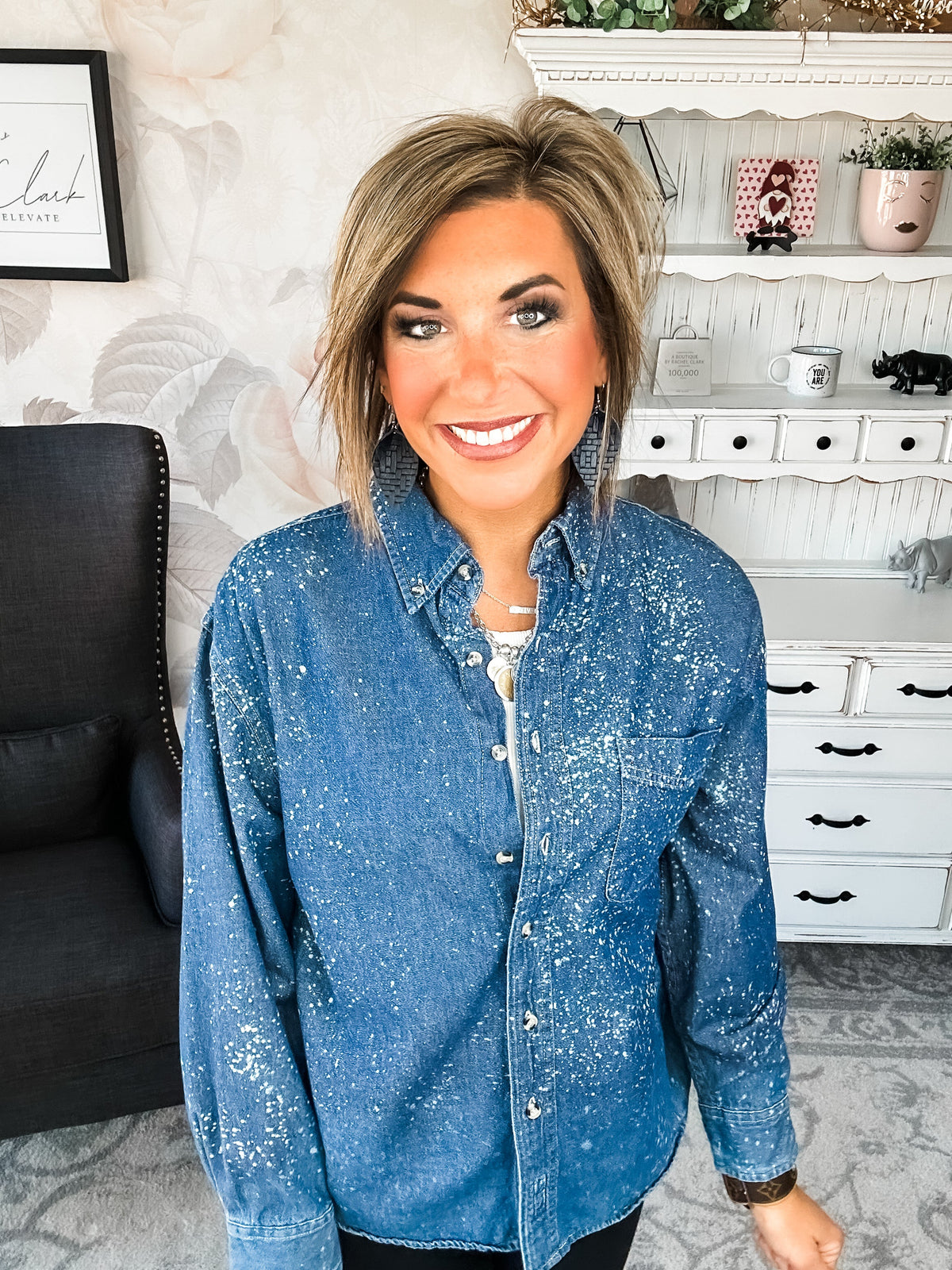 Distressed Denim Bleached Button Down - Dark Blue