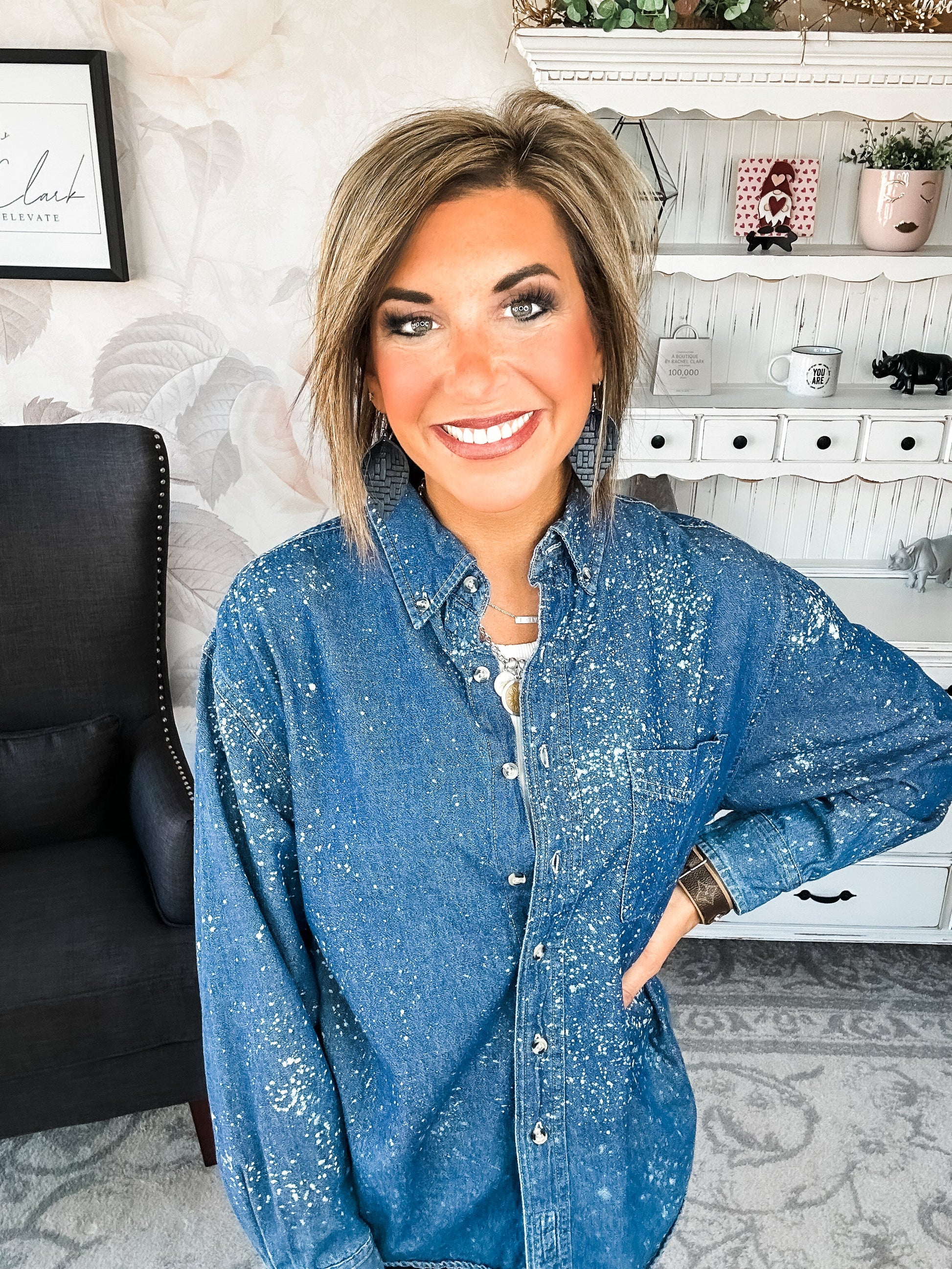 Distressed Denim Bleached Button Down - Dark Blue