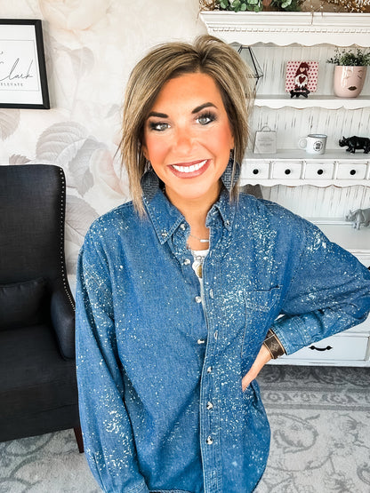 Distressed Denim Bleached Button Down - Dark Blue
