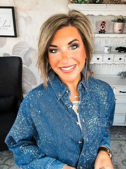 Distressed Denim Bleached Button Down - Dark Blue