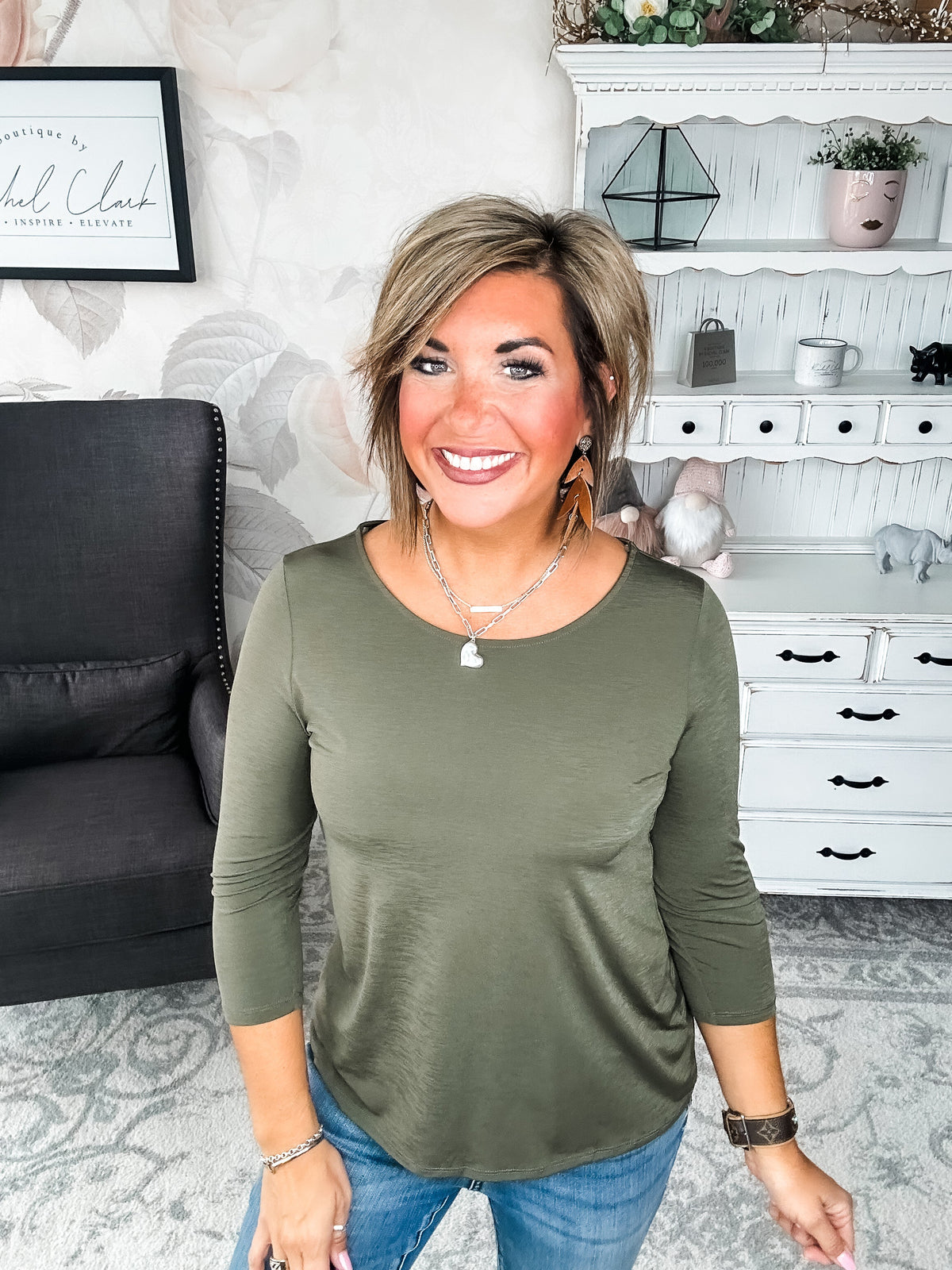 Find The Answer Round Neck Top - Olive
