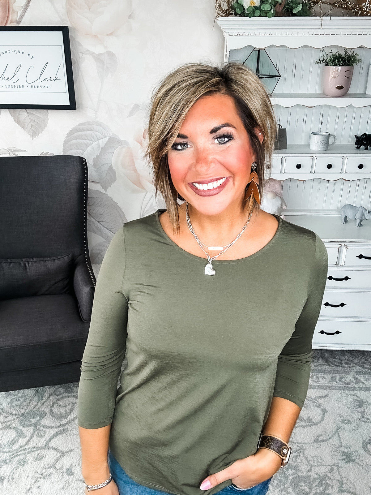 Find The Answer Round Neck Top - Olive