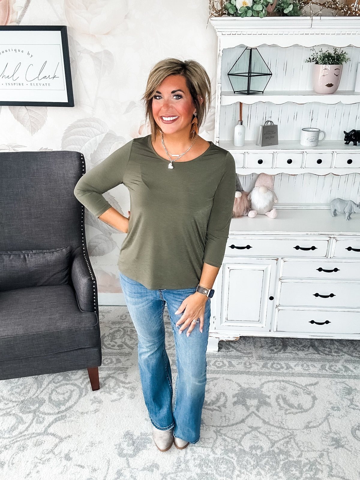 Find The Answer Round Neck Top - Olive