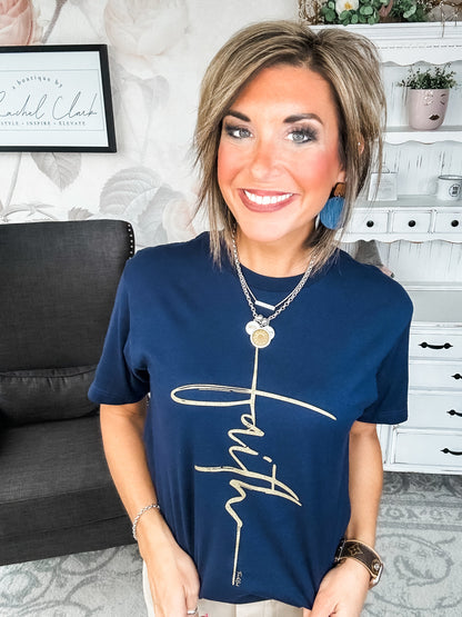Faith Vertical Cross Graphic Tee - Navy