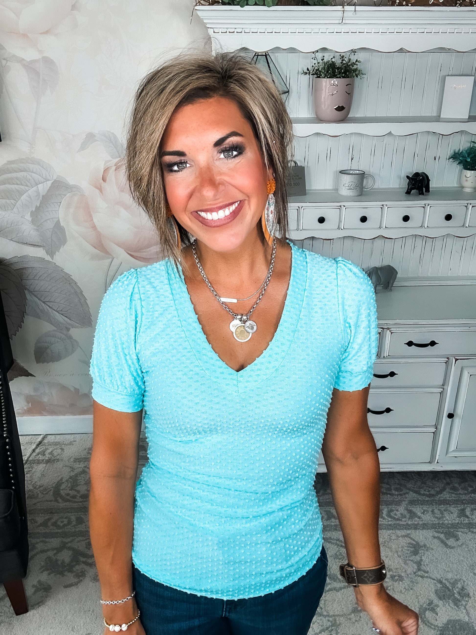 Hello Springtime Swiss Dot Top - Jade